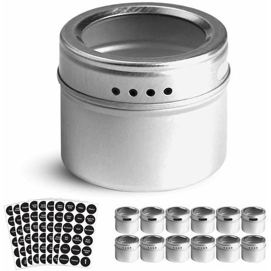 Set of 12 Magnetic Spice Tins with 12 Window-Top Sift and Pour Lids, 144 Preprinted Seasoning Label Stickers for 3 oz Herb Jars (Silver)