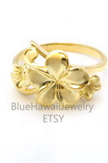 10mm Hawaiian Heirloom 3 Plumeria Triple Flower 14K Gold Ring Jewelry Made in Hawaii