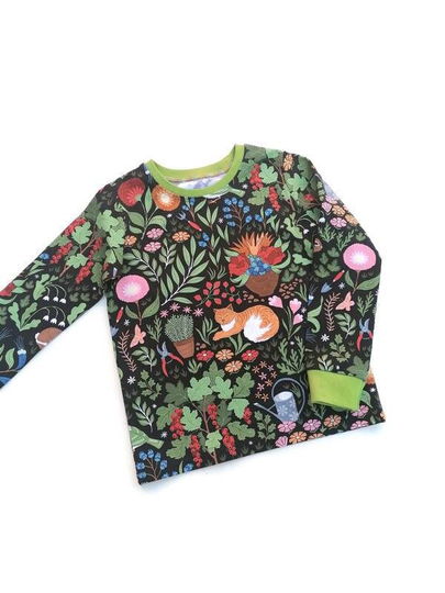 Cat & Floral Garden Tshirt, Size 3 To 4 Years, Organic Toddler Clothes, Long Sleeved Shirts, in Stock, Little Gardener