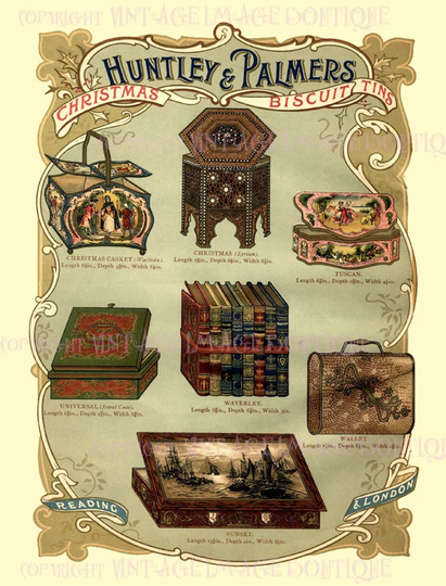 Antique Edwardian Advertisment For Huntley & Palmers Fancy Biscuit Tins Christmas Season Winter Solstice Holiday 5x7 Greeting Card