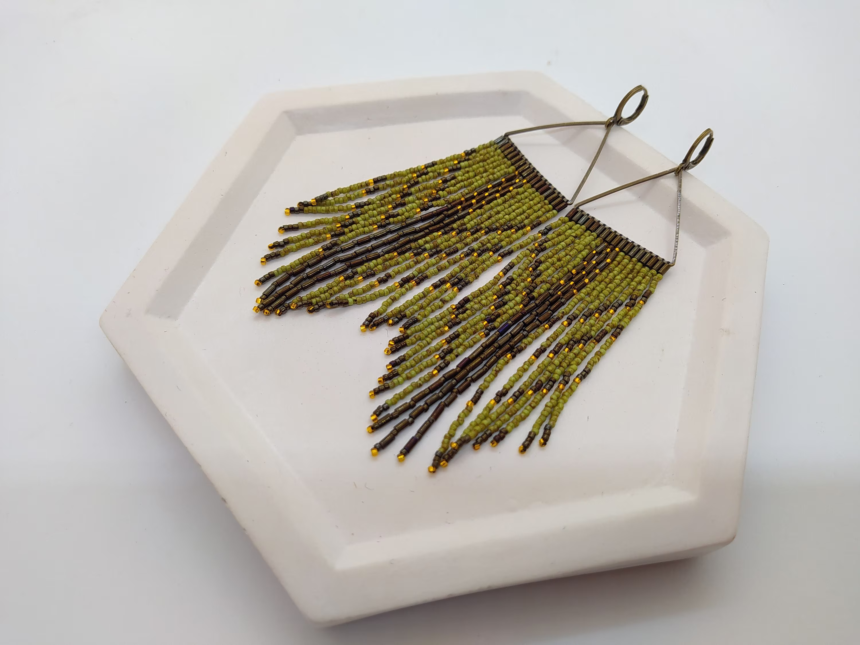 Triangle Earrings Long Seed Bead Olive Earth Tones Native Inspired Jewelry Fringe Geometric Beaded