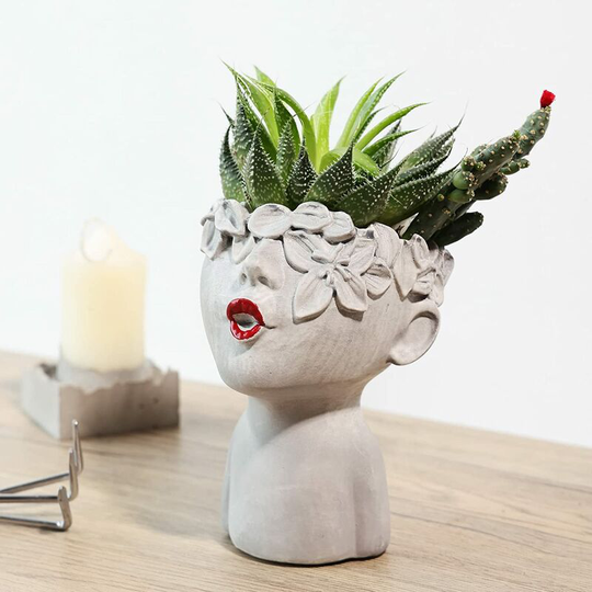 Sun Flowergb - Kissing Face Head Flower Pot with Drainage Holes, Lovely Sculpture Decor, Craft Ornaments, Pucker Up Boy Faux Cement Flower Pot Head
