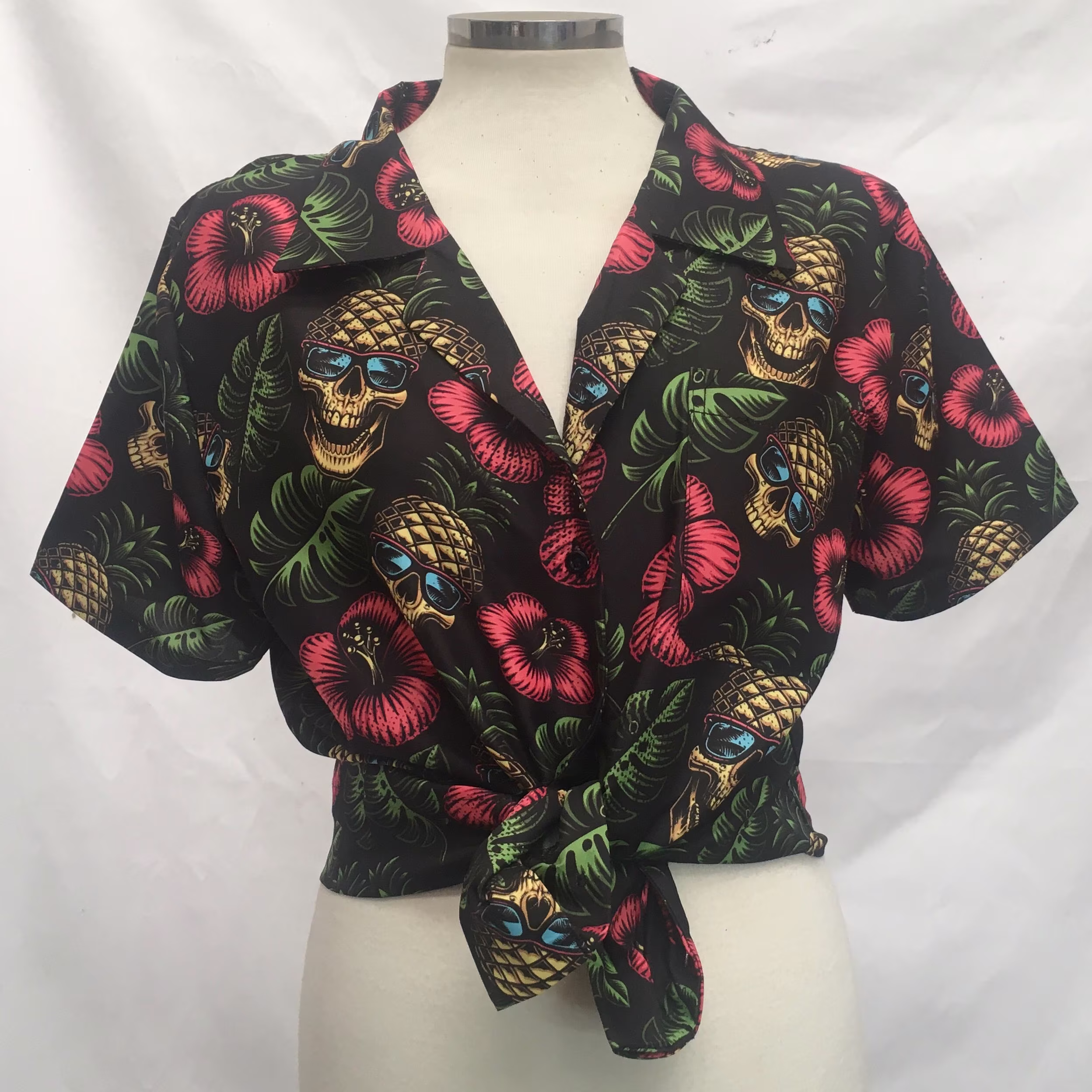 Women's Tropical Shirt With Pineapples & Red Hibiscus Flower Print