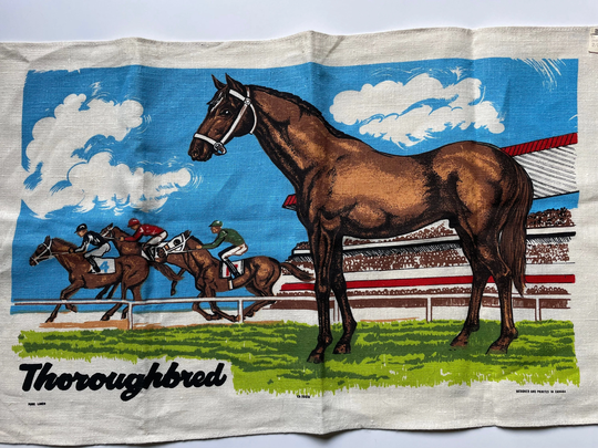 Large Thoroughbred Horse Linen Vintage Tea Towel Dish Cloth Horse Racetrack Jockey
