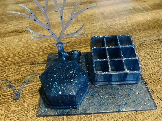 Blue & Silver Handmade Makeup Holder/ Organizer Tray With Jewelry Storage, Jewelry, Brush Lip Gloss Holder, Cosmetic Storage