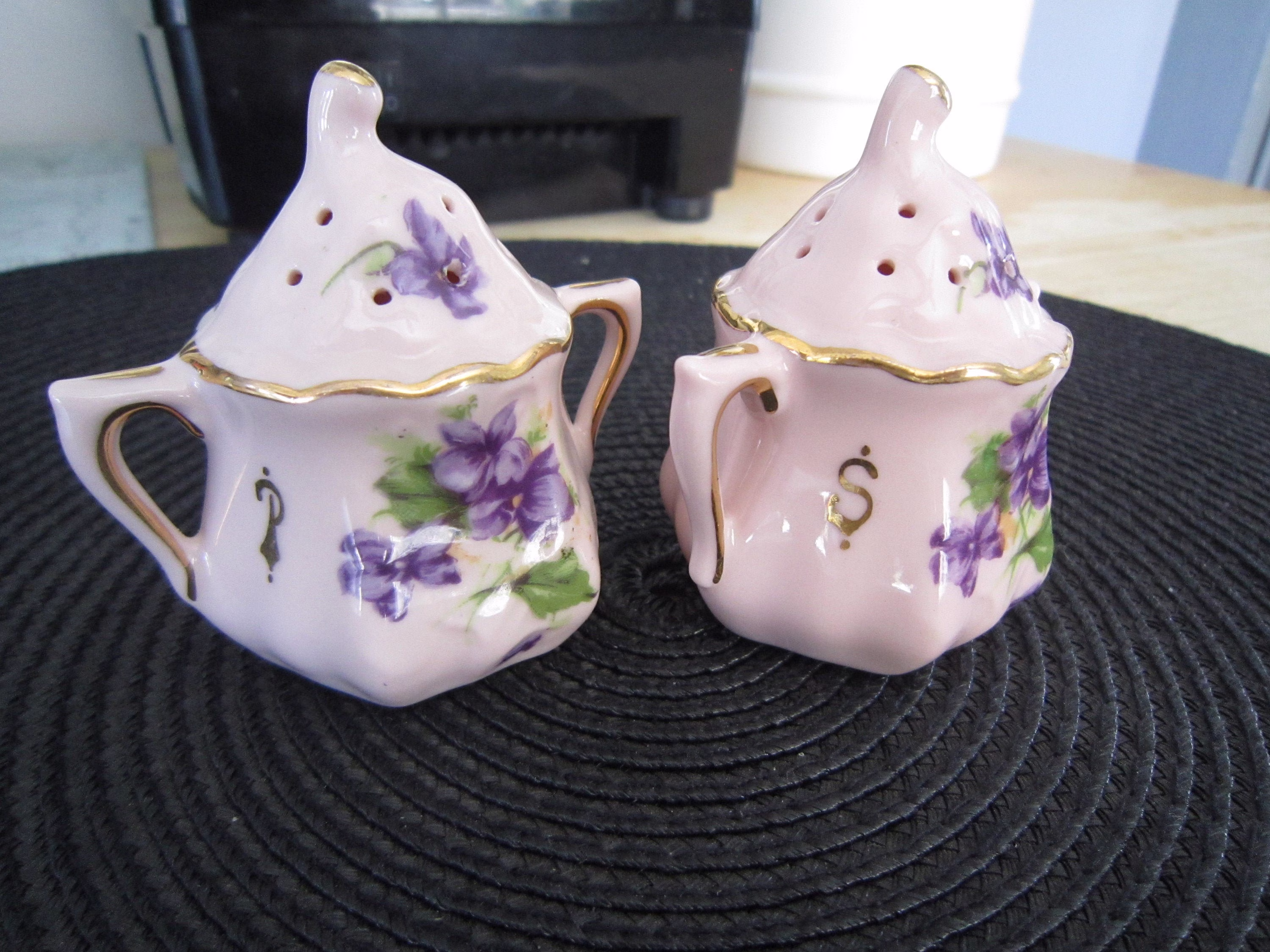Leneige Porcelain Pink Sugar Bowl Salt & Pepper Shakers Rare Htf