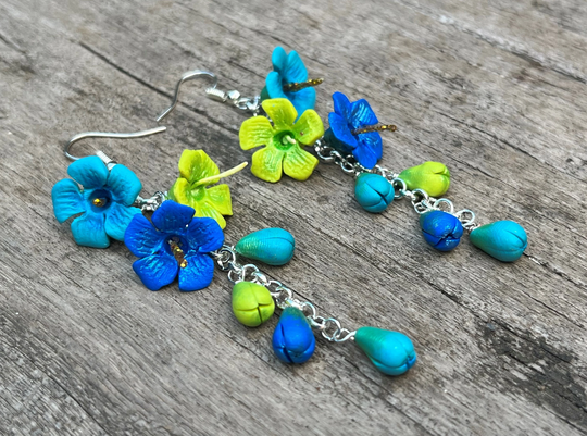 Hibiscus Earrings, Blue, Turquoise, Lime Green, Flower, Sterling Silver, Handmade, Clip Ons Available