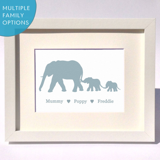 Personalised Elephant Family Print, Powder Blue/Blue/White