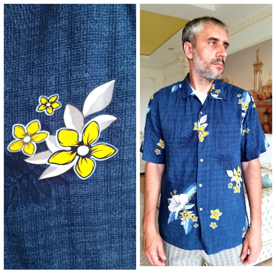 Boho Shirt Hibiscus Print Beach Aloha Mens Shirt Floral Hawaiian Hawaiian Print Hippie L