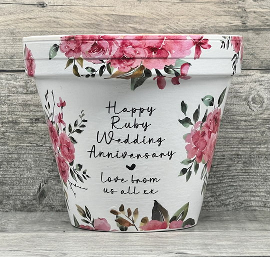 Personalised Plant Pot Gift. Ruby Anniversary, Watercolour Decoration. Wedding, Engagement, Celebration Birthday, Retirement, Planter