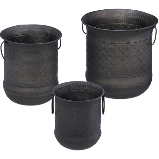 Relaxdays Set of 3 Antique Plant Pots, Decorative Planter With Handles, Vintage Design B, Outdoors, Iron, Anthracite