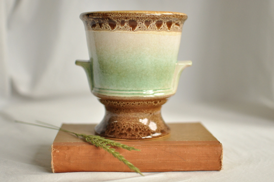 Retro Drip Glazed Urn Style Planter | 70's Cachepot Planter Mint & Brown Plant Pot