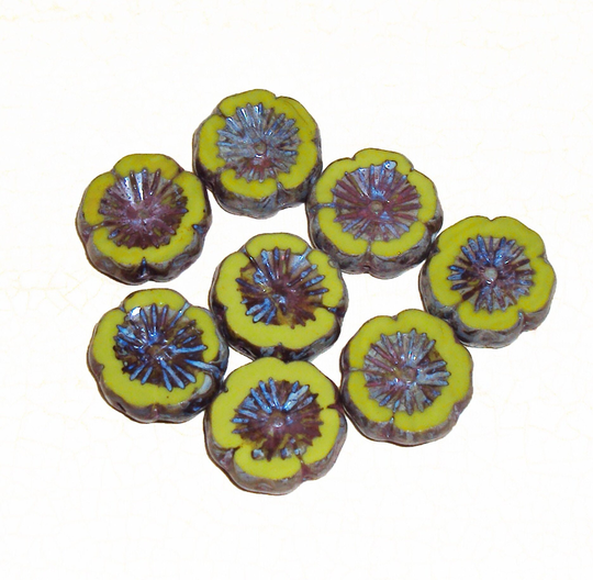 Czech Glass Beads, 14mm Carved Hibiscus Flower, Lime Green/Brown Picasso, 4 Beads