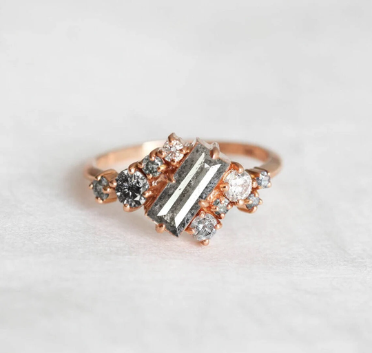 Salt & Pepper Diamond Ring, Grey Engagement Cluster, Baguette Cut Galaxy Art Deco Ring