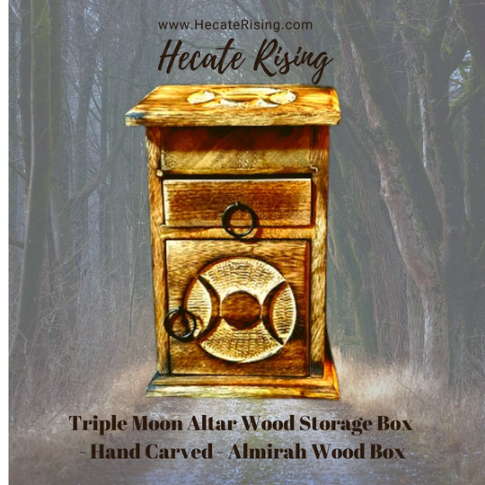Triple Moon Altar Wood Storage Box - Hand Carved Pentacle With Latch Almirah
