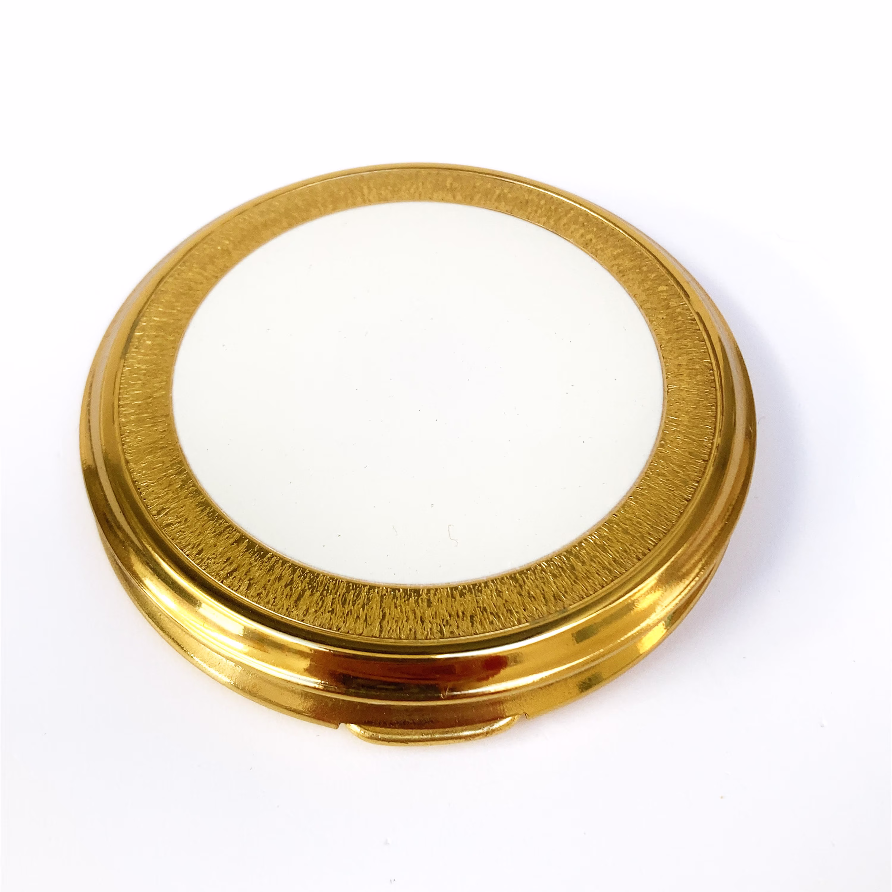 Vintage 70's Mascot Mirrored Powder Compact - Gold With Cream Enamel Original Box Unused Condition