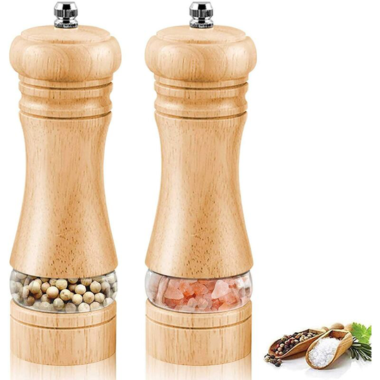 Pepper and Salt Mills, Wooden Salt and Pepper Shakers, Adjustable with Ceramic Spice Grinder, Classic Pepper Grinder, Set of 2 (6.5 inch)