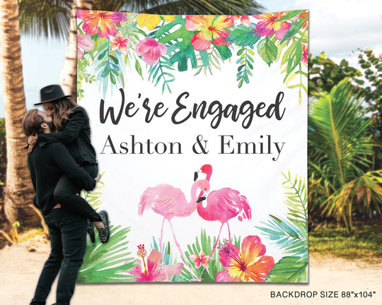Tropical Engagement Banner Sign, Beach Party Backdrop, Hibiscus Photo Booth Props, Hawaiian Wedding Shower - Epb18