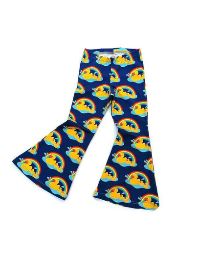 Rainbow Duck Bell Bottoms, Organic Kids Flares, 18 Months To 14 Years, Leggings, 70S Vibe, Handmade. Retro Clothing