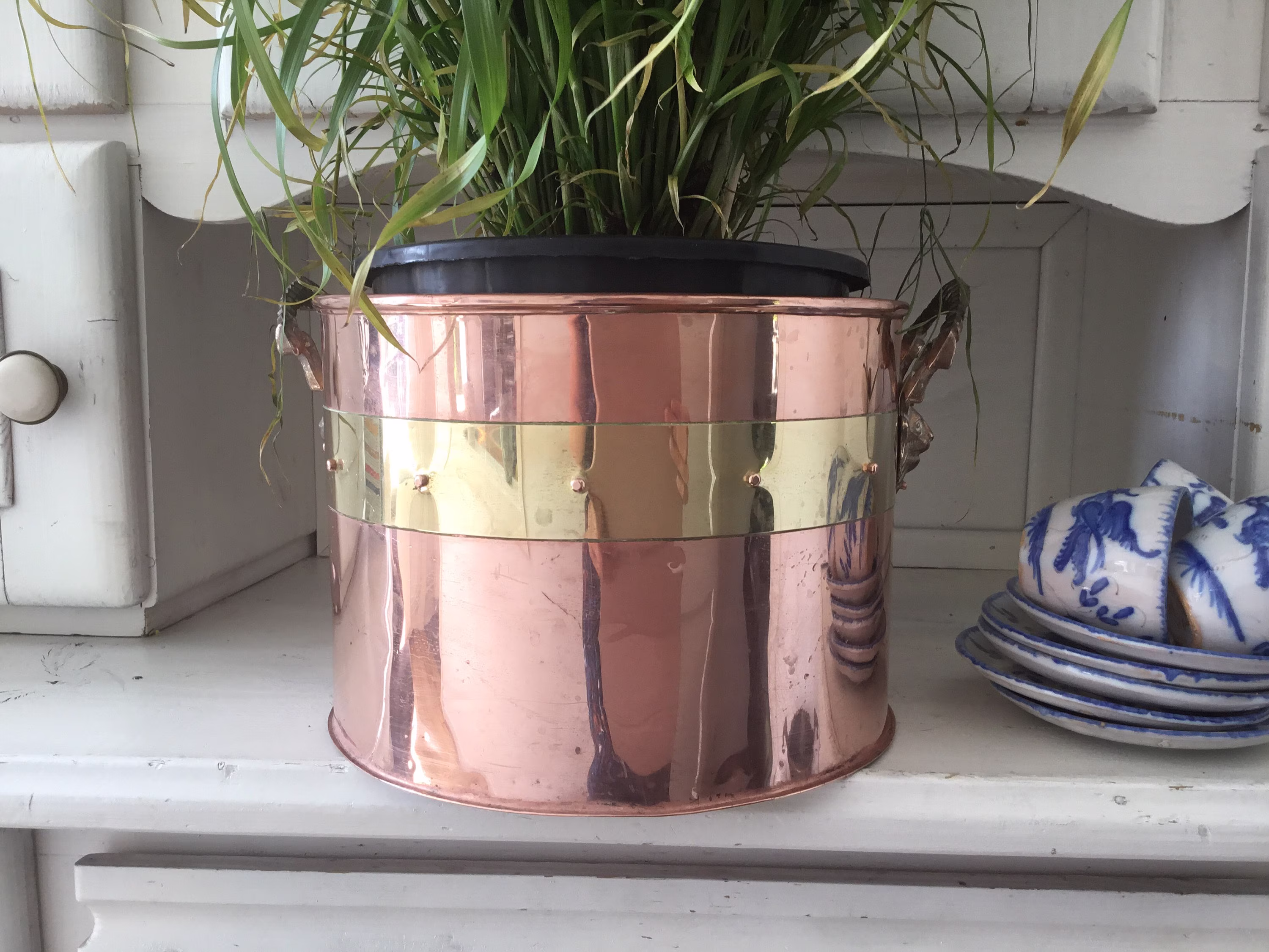 Antique Studded Copper & Brass Planter, Cache Pot Antique With Lion Handles, Flower Pot, Plant Victorian