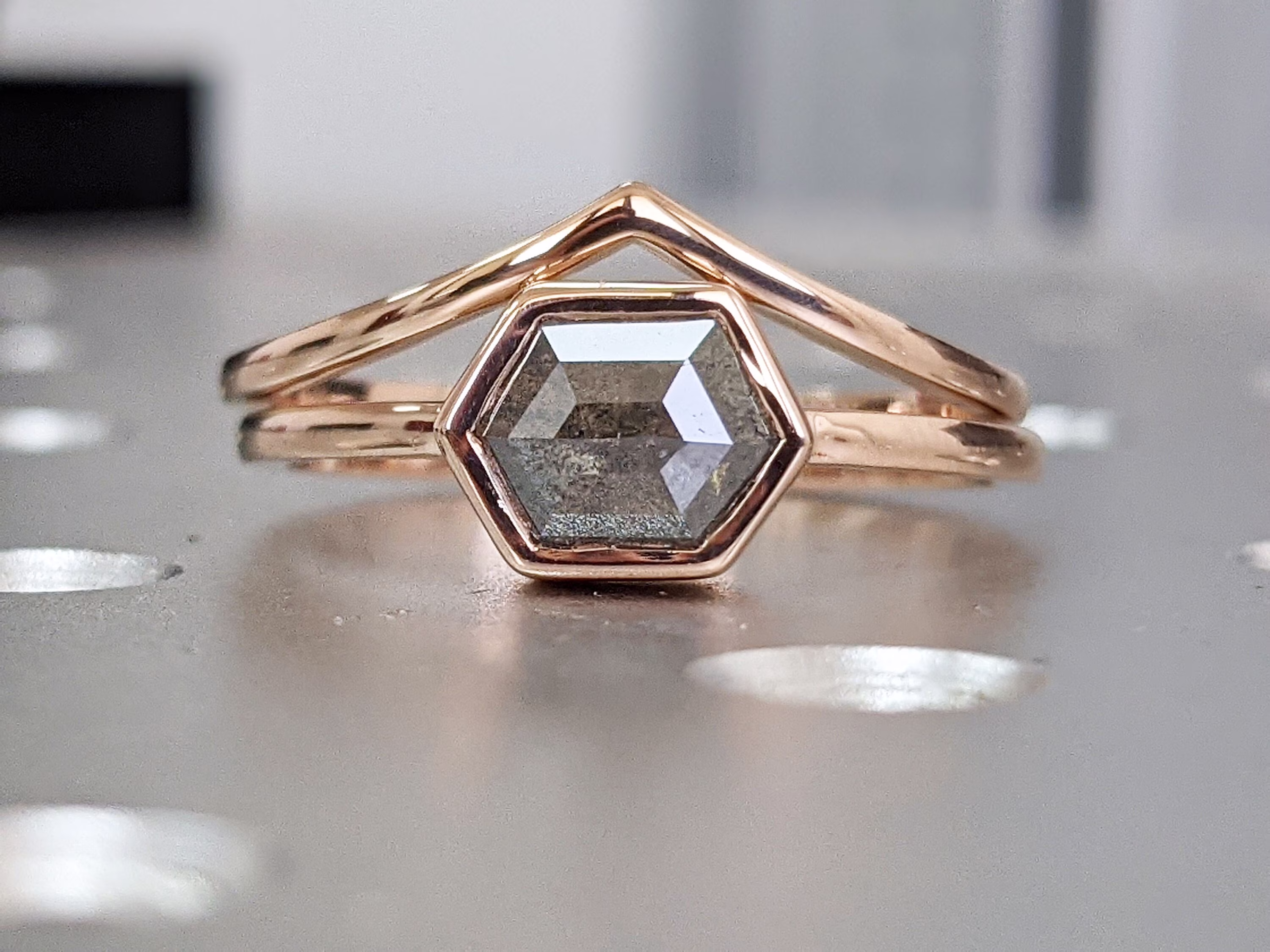 Bezel Raw Diamond, Salt & Pepper, Hexagon, Unique Engagement Ring, Rose Cut Geometric Diamond 18K Gold, East To West