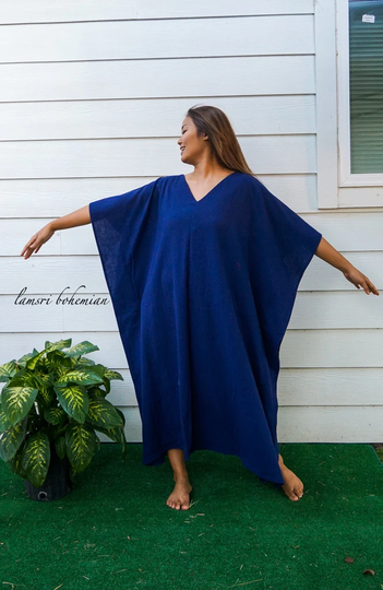 Blue Organic Woven Cotton Warm Winter Kaftan Dress, Oversize Poncho