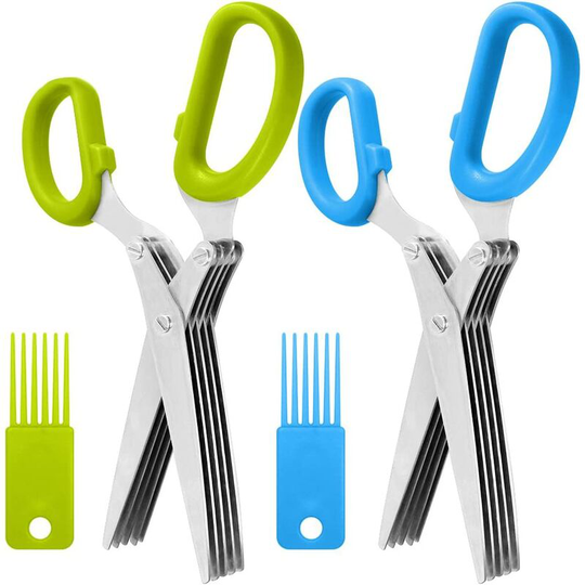2 Packs Stainless Steel Herb Scissors, Multipurpose Kitchen Shear with 5 Blades and Cleaning Brush