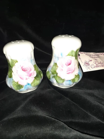 Hand Painted Pink Rose North Dakota Salt & Pepper Shakers