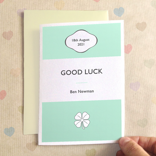 Personalised Good Luck Stripe Card, Orange/Powder Blue/Blue