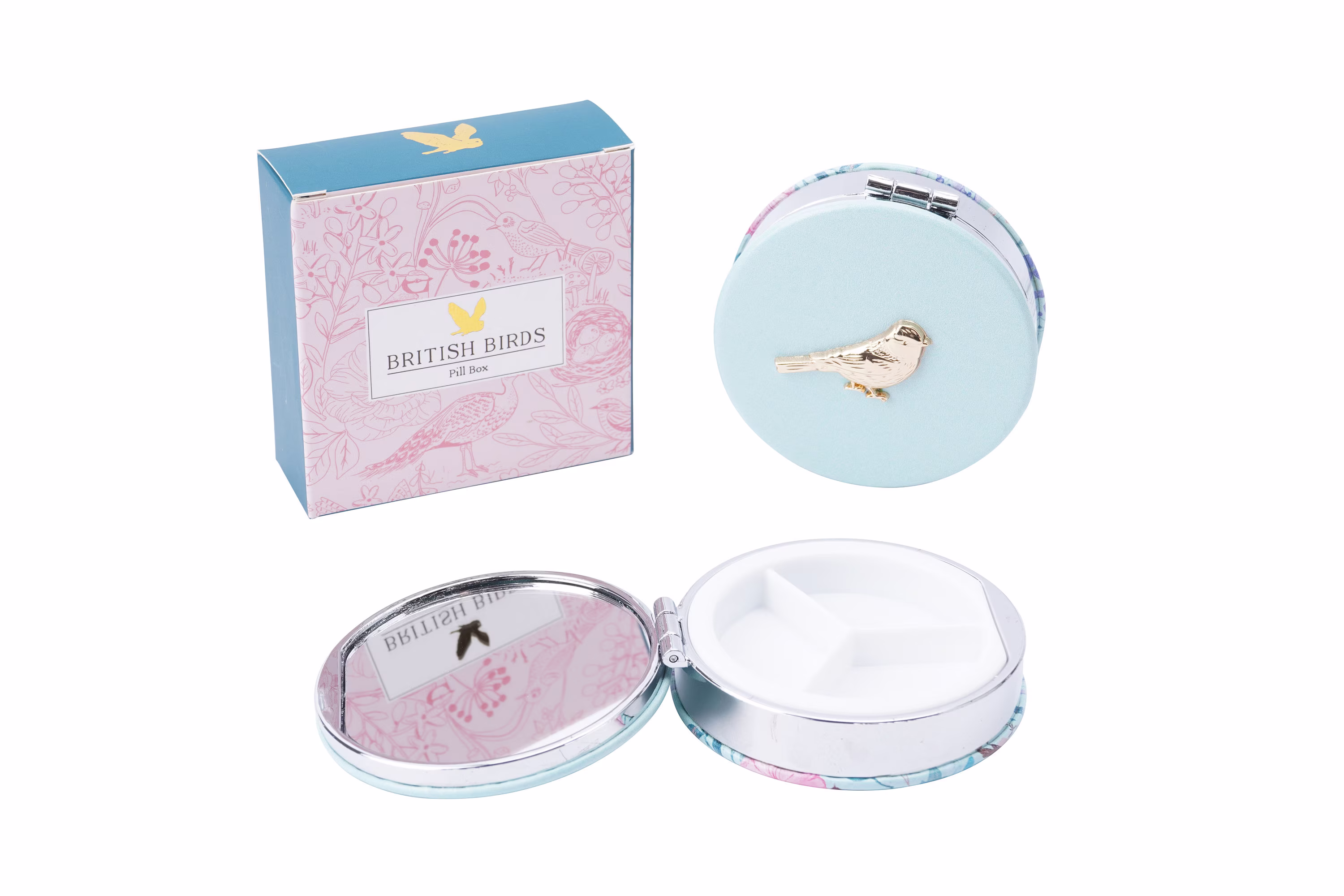 Pale Blue With Gold Bird - 3 Part Compartment Mirror Pill Box
