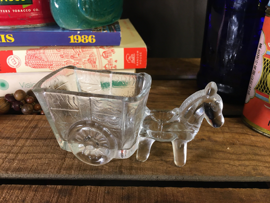 Vintage Pressed Clear Glass Donkey & Cart Salt Cellar/Candy Dish/Toothpick Holder/Matchstick Holder