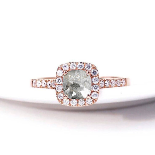 Salt & Pepper Diamond Cushion Cut Cluster Ring | Grey Art Deco 9K/14K/18K Rose Gold Galaxy