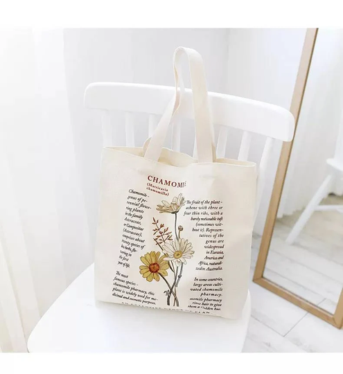 Aesthetic Minimalistic Canvas Shoulder Bag, Cute Herbs & Flowers Print Cloth Tote, Gift Idea