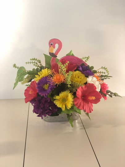Flamingo Centerpiece With Hibiscus, Tropical in Galvanized Bucket Hibiscus