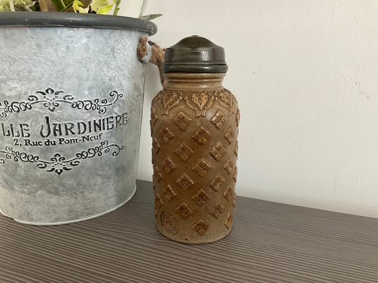 Antique French Beauvais Stoneware Tobacco Pot With Pewter Lid, Salt Glazed Jar