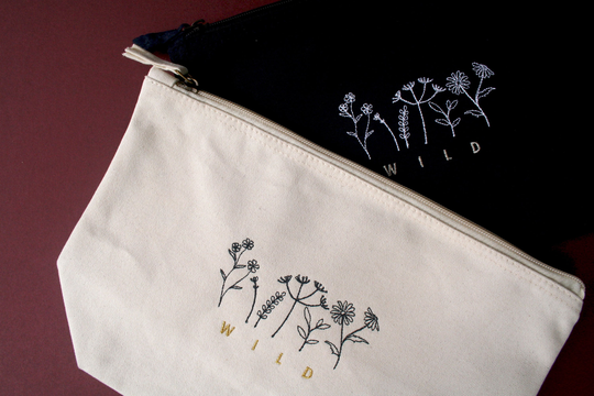 Wild Flowers, Makeup Bag, 100% Organic, Cotton Canvas, 19 X 18 9cm, Eco, Embroidery, Toiletries, Silver Gold Thread, Zip Purse, Gift Bag