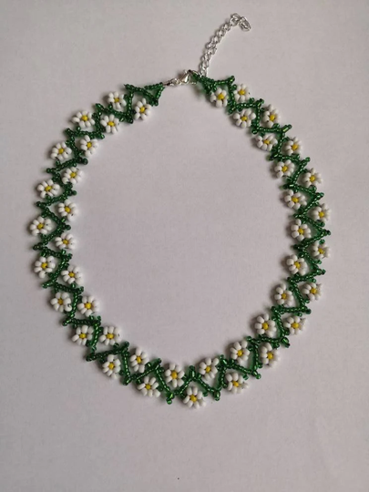 Floral Flower Daisy Seed Bead Necklace Weave White Green Boho 16"-18