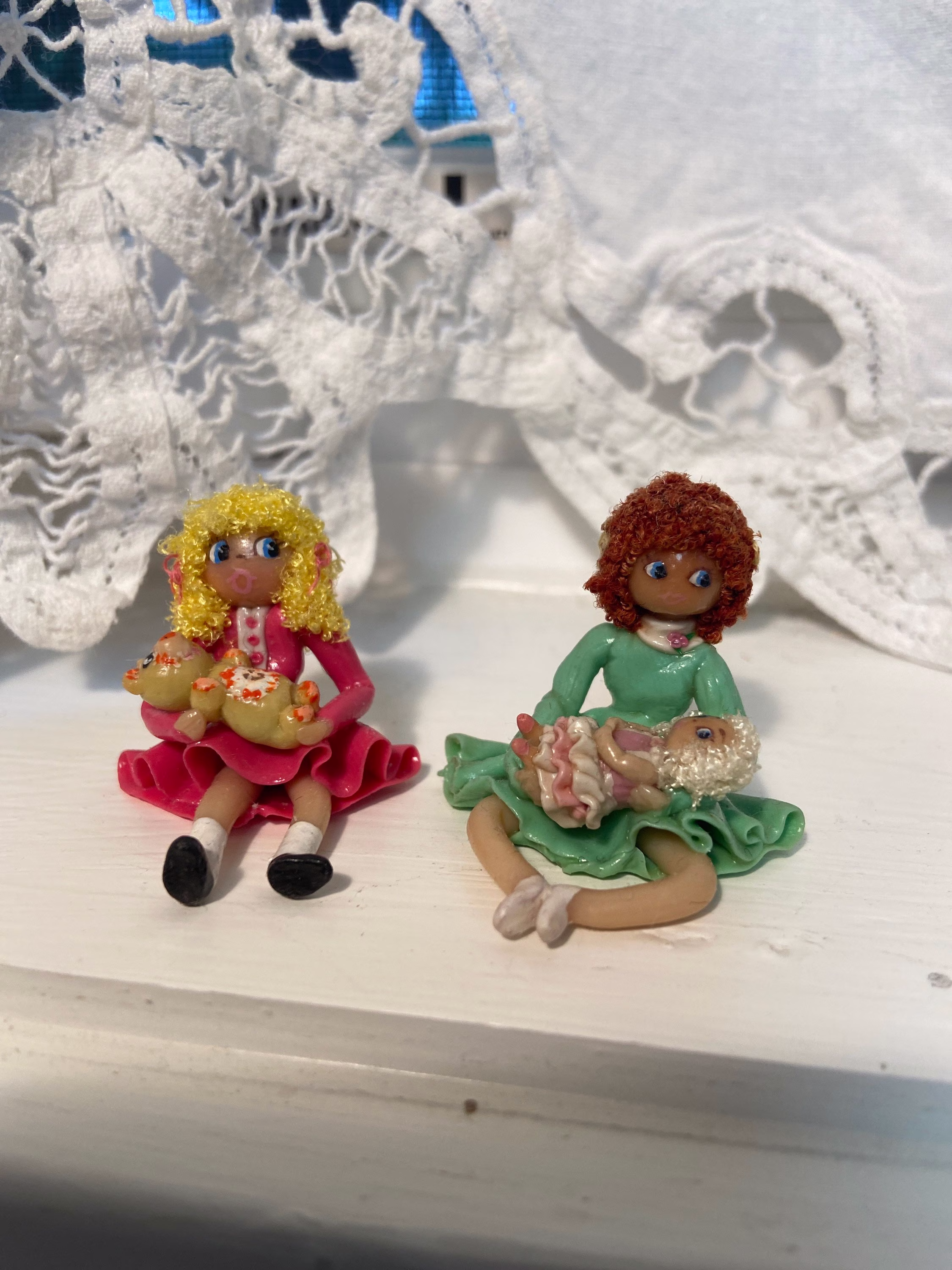 Vintage Salt Dough Dolls, Miniatures, Girl With Bear, Doll, Handcrafted Doll