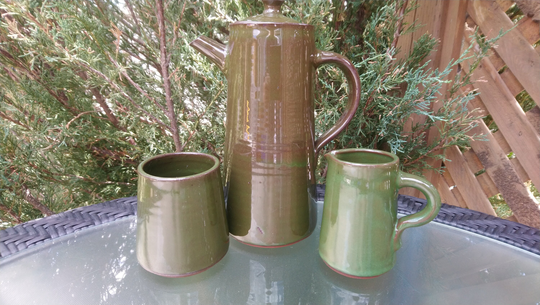Vintage Hand Made Green, Brown Glaze, Coffee Pot, Creamer, Sugar Bowl Or Expresso Pottery