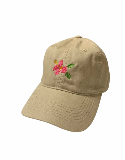 Embroidered Hibiscus Dad Hat - Flamingo Beach Pink