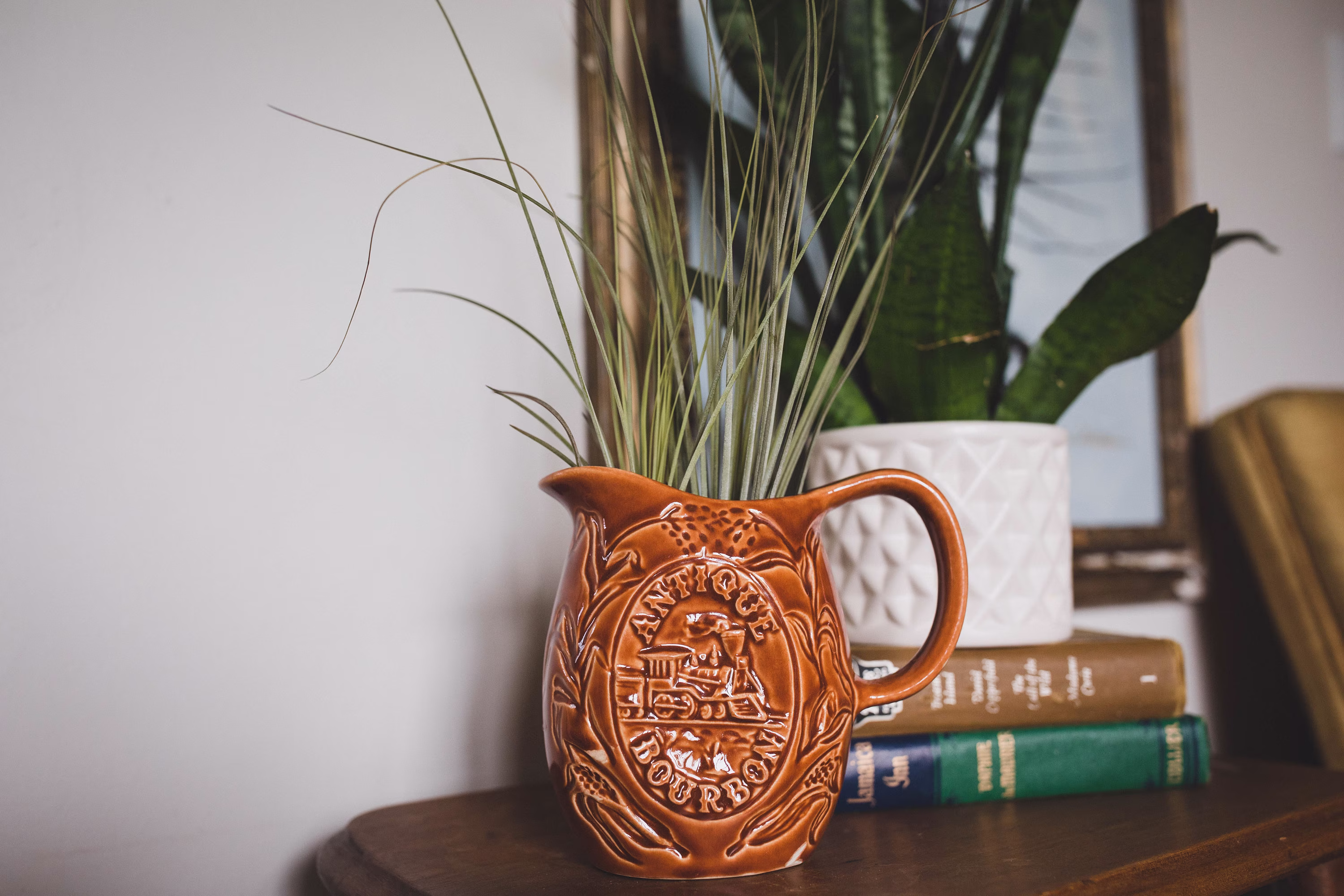 Kentucky Straight Bourbon Antique Whiskey Pitcher Brown + Live Air Plants -Bourbon Barrel, Grooms Gift, Dad Christmas, Gift For Him