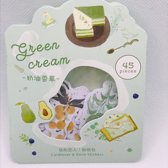 Kawaii Green Cream Stickers Set. Avocado, Matcha Tea, Kiwi