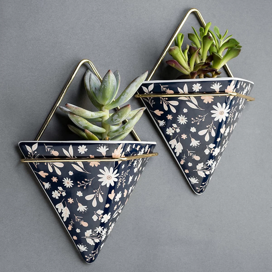 2 Pack Navy Floral Pattern Ceramic Indoor Planters | Hanging Planter Wall Vase Succulent Housewarming Gift