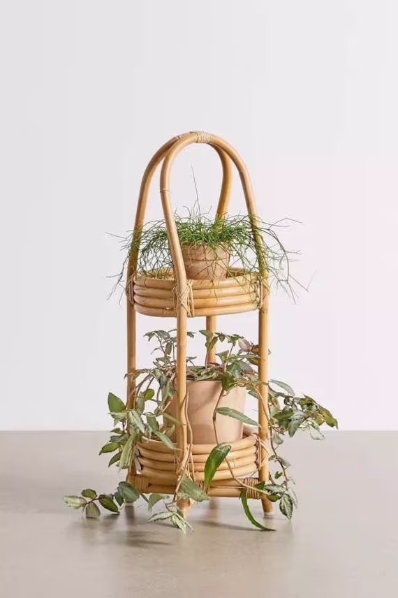 Rattan Plant Stand, Two Tier Bamboo Flower Stand, Cane Stand, Wicker Rattan Planter, Wooden Stand