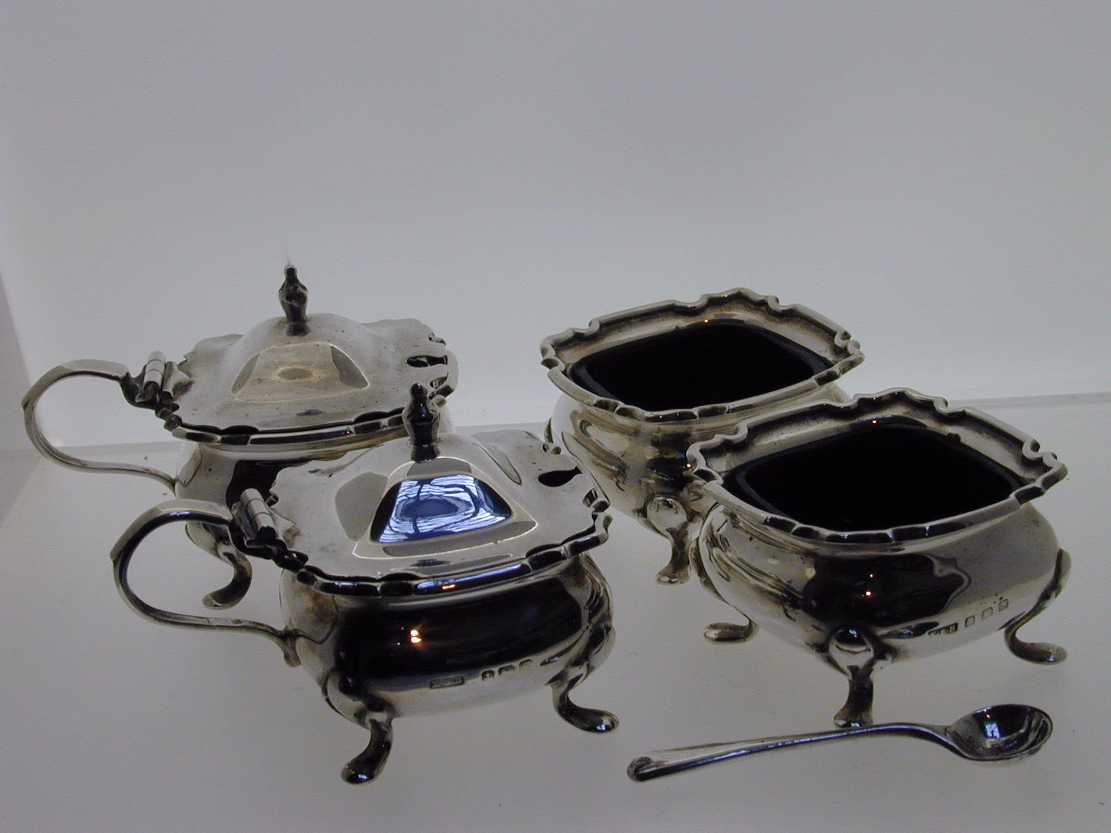 Silver Cruet Set Blue Glass Mustard Salt 1 Spoon 1917 E S Barnsley & Co 253.3G