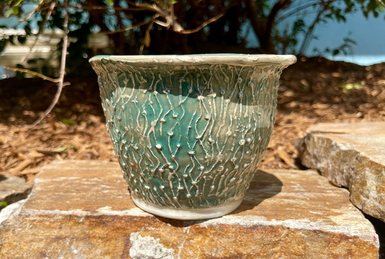 Line/Dot Textured Green Planter. Wheel Thrown Ceramic Stoneware. Slip Trial Design & Hand Painted Glaze Made in Usa Drainage Hole
