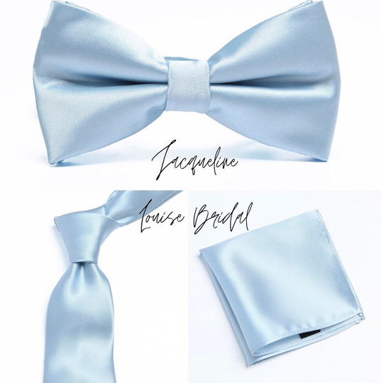 Powder Blue Groomsmen Bow Tie, Tie & Pocket Square Set For Weddings