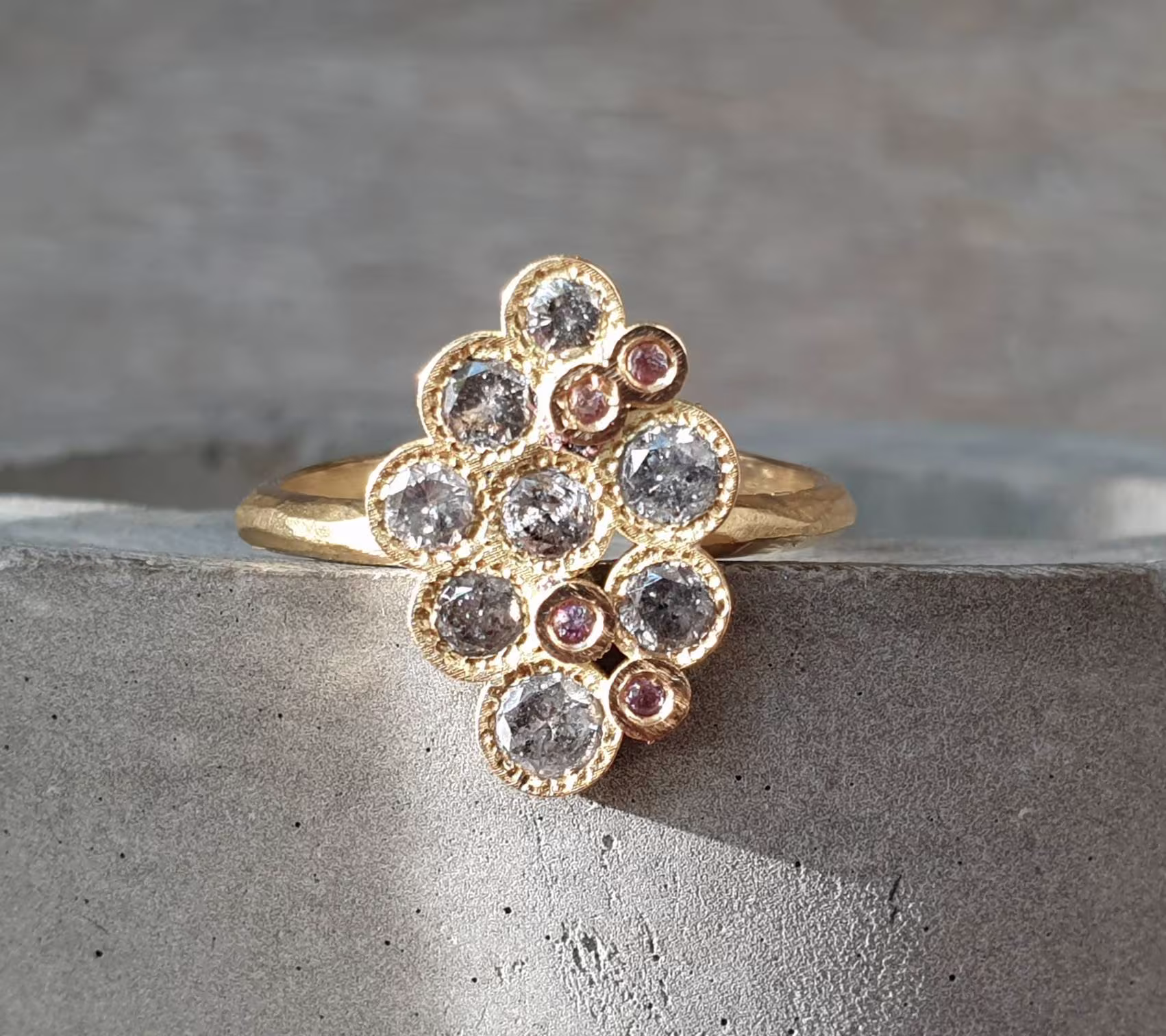 Salt & Pepper Diamond Ring-Pink Sapphire Ring-18K Gold Ring-Cluster Of Ring-Organic Ring-statement Ring