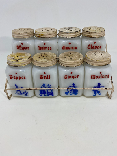 Vintage Dove Spice Jars, Salt, & Pepper, 8 Milk Glass Jars Rack