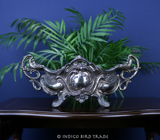 Antique French Ornate Silver Jardiniere | Vintage Art Nouveau Metal Footed Planter With Handles Centerpiece